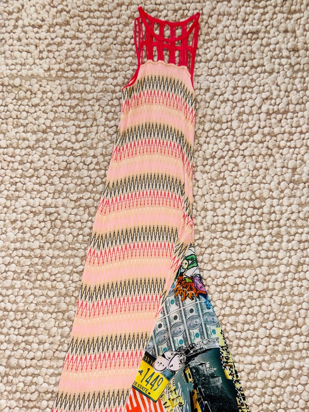 Sleeveless Pink Multicolor Zigzag Knit Maxi Dress